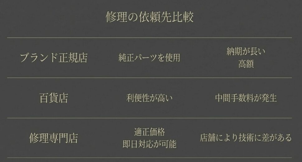 正規店、百貨店、修理専門店のメリット・デメリット、納期、価格帯を比較したマトリックス図