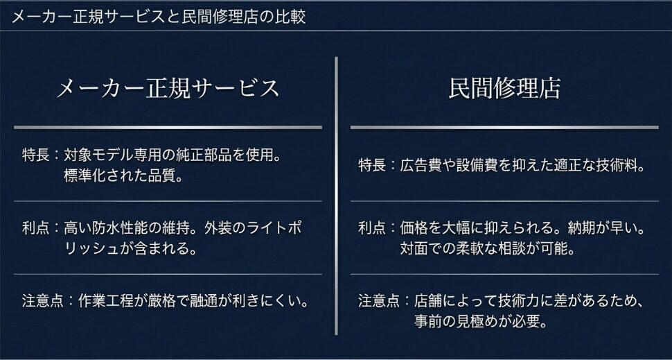 純正部品を使用する正規サービスと、価格・納期に強みがある民間修理店の特徴・利点・注意点の比較表