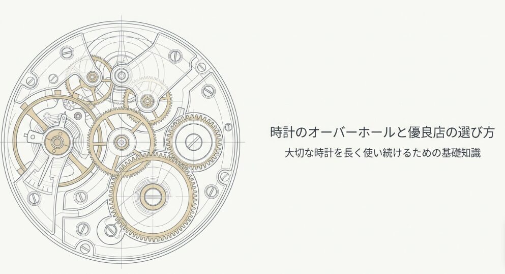 精密な時計内部の歯車機構の図解と、オーバーホールおよび優良店選びのタイトル 。