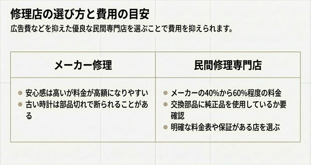 安心感と費用のバランス、料金相場の違い(メーカーの40〜60%)、保証の有無を比較した表 。