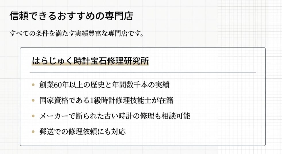 創業60年以上、年間数千本の実績、1級時計修理技能士の在籍、郵送対応など店舗の強みのまとめ 。