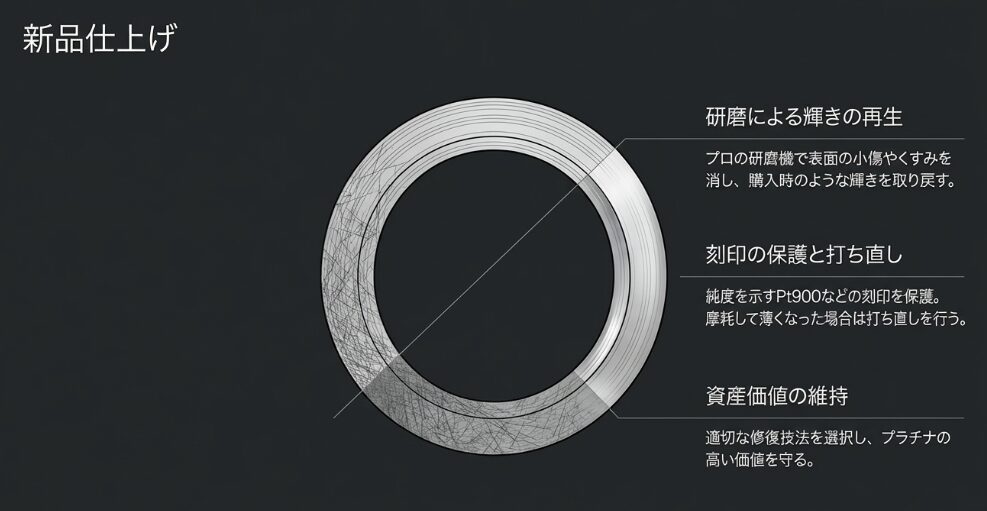 プロの研磨による傷・くすみの除去、刻印の保護や打ち直しにより、プラチナの価値を守るプロセスを説明したスライド。