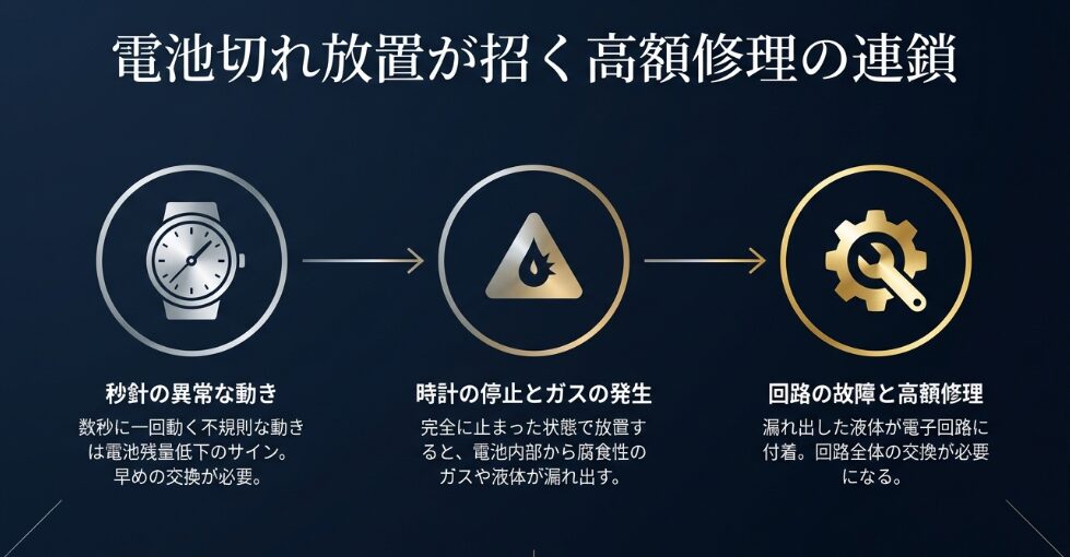 秒針の異常な動きをサインとした早めの交換の必要性と、放置によるガス発生や液漏れが回路故障を招き、高額修理に繋がる連鎖を解説したスライド 。