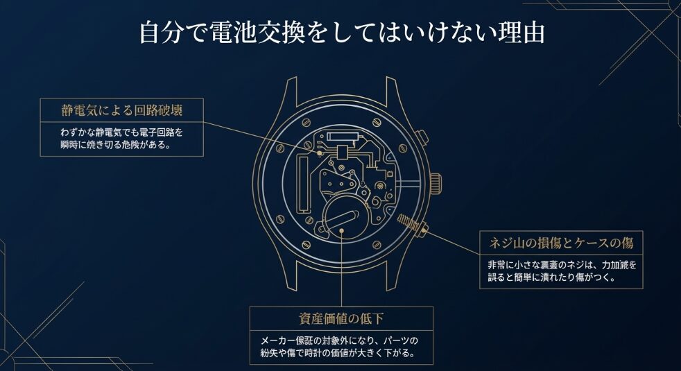 静電気による回路破壊、小さなネジの損傷やケースの傷、そしてメーカー保証対象外となることによる資産価値の低下を警告するスライド 。