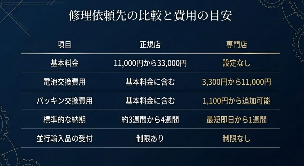 料金、納期、パッキン交換の有無、並行輸入品の受付可否について、正規店と専門店の違いを詳細に比較した一覧表 。