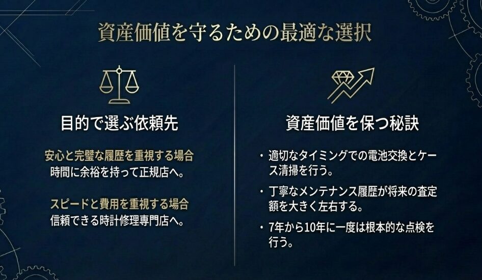 目的別の依頼先の選び方と、適切な電池交換タイミング、清掃、メンテナンス履歴の維持、そして7〜10年ごとの根本的な点検が将来の査定額を左右することをまとめたスライド 。