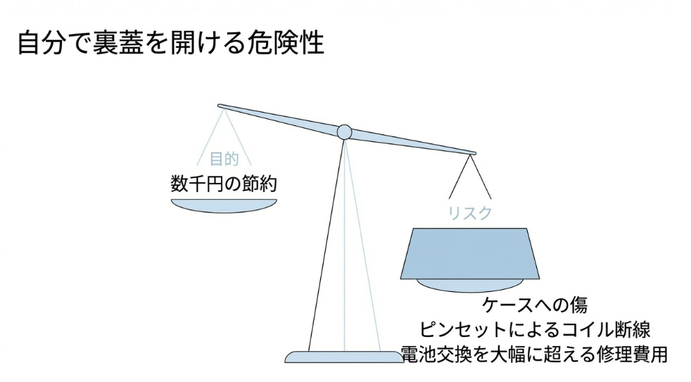 数千円の節約という目的に対し、ケースへの傷やコイル断線による高額修理費用というリスクが遥かに大きいことを示す天秤の図。