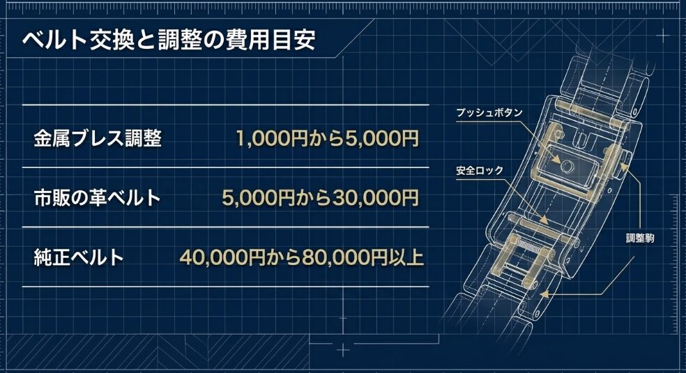 金属ブレス調整1,000円から、市販革ベルト5,000円から、純正ベルト40,000円からなどの費用目安表 。
