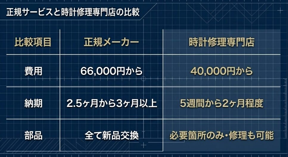 費用、納期、部品交換の対応における正規メーカーと時計修理専門店の違いをまとめた比較表 。