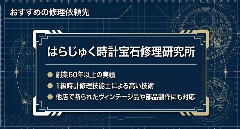 創業60年以上の実績、1級時計修理技能士による高い技術、ヴィンテージ品や部品製作への対応の紹介 。