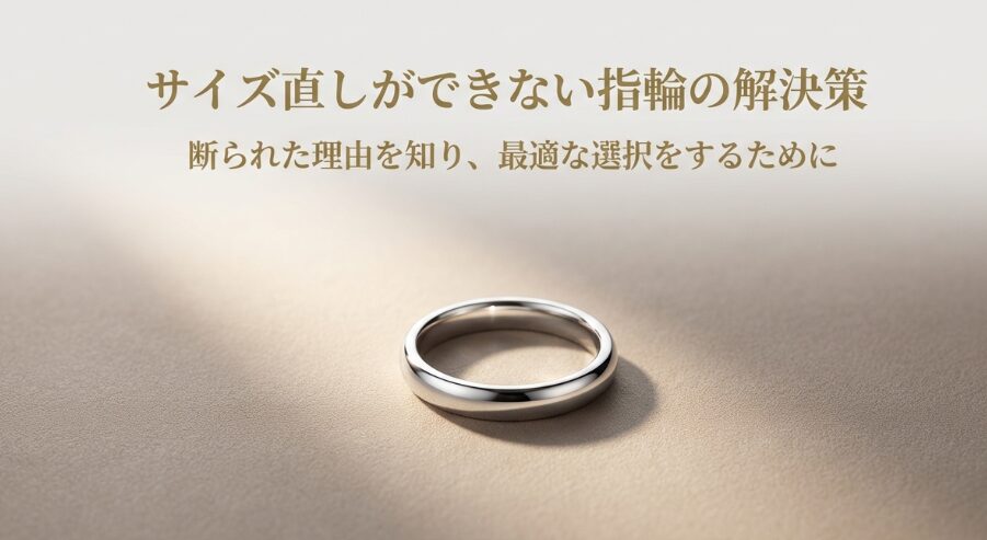 サイズ直しができない指輪の解決策について、断られた理由を知り最適な選択をするためのスライド表紙。