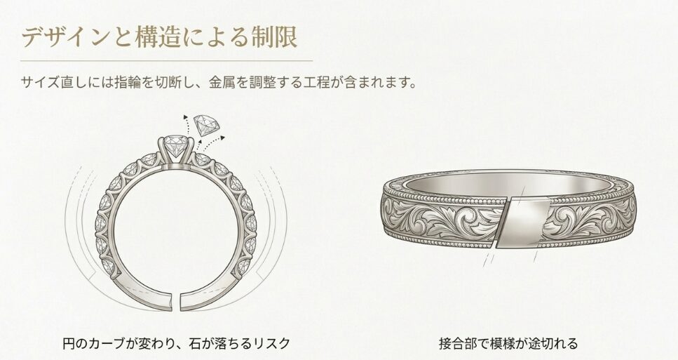 指輪を切断することで円のカーブが変わり石が落ちるリスクや、接合部で模様が途切れる様子を示すイラスト図解。