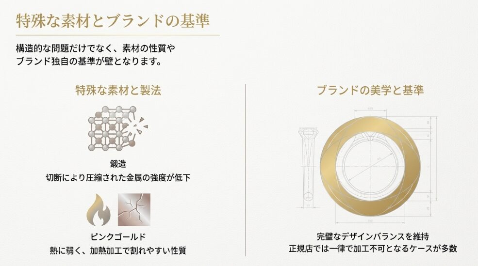 鍛造製法による強度低下やピンクゴールドの熱による割れやすさ、ブランドの美学を維持するための正規店基準についての解説スライド。