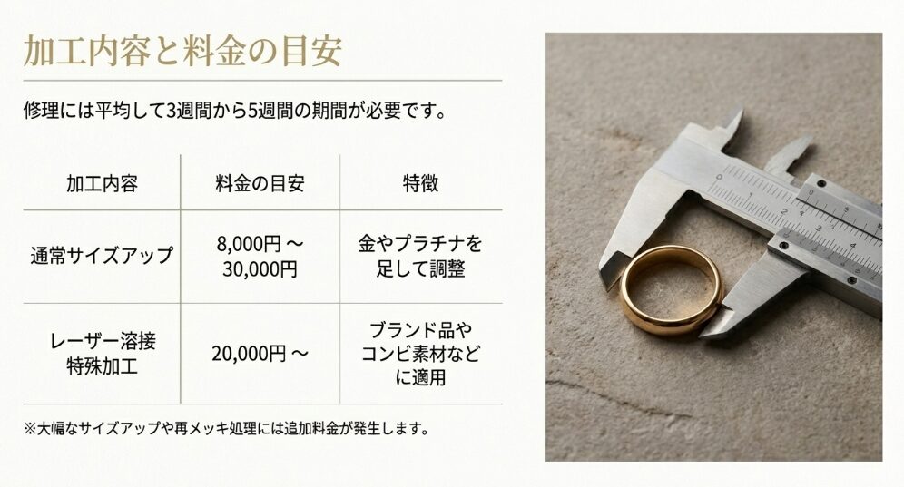 通常のサイズアップ（8,000円〜）やレーザー溶接（20,000円〜）の料金目安と、修理期間（3〜5週間）をまとめた表。