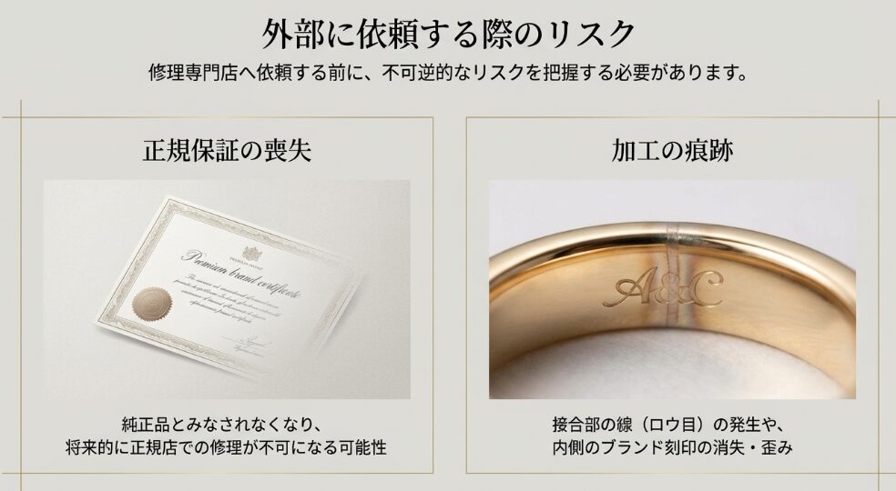 正規保証の喪失や、加工の痕跡として残る接合部の線（ロウ目）、ブランド刻印の消失・歪みの例を示す画像。