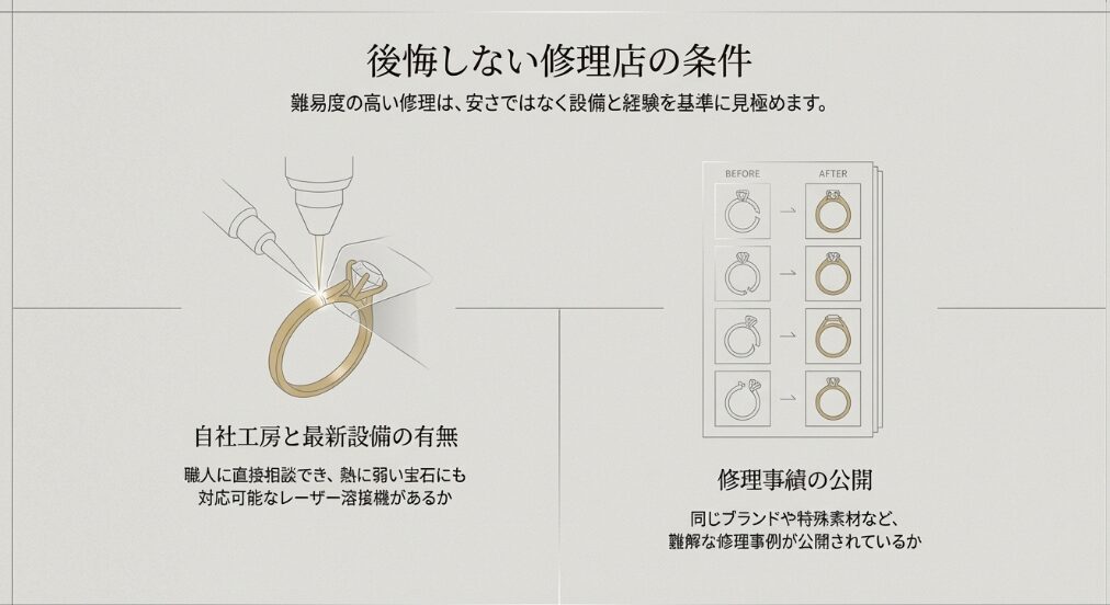 自社工房や最新のレーザー溶接機の有無、修理事績の公開など、修理店選びの基準を解説するスライド。