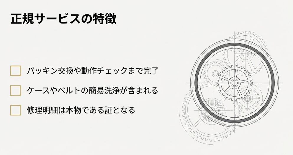 正規サービスでのパッキン交換、動作チェック、ケース洗浄の内容と、本物の証となる修理明細の重要性