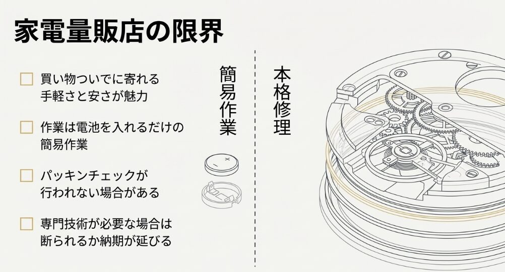 家電量販店は手軽だが、作業は電池交換のみの簡易作業でパッキンチェックが行われない場合があるリスクを解説