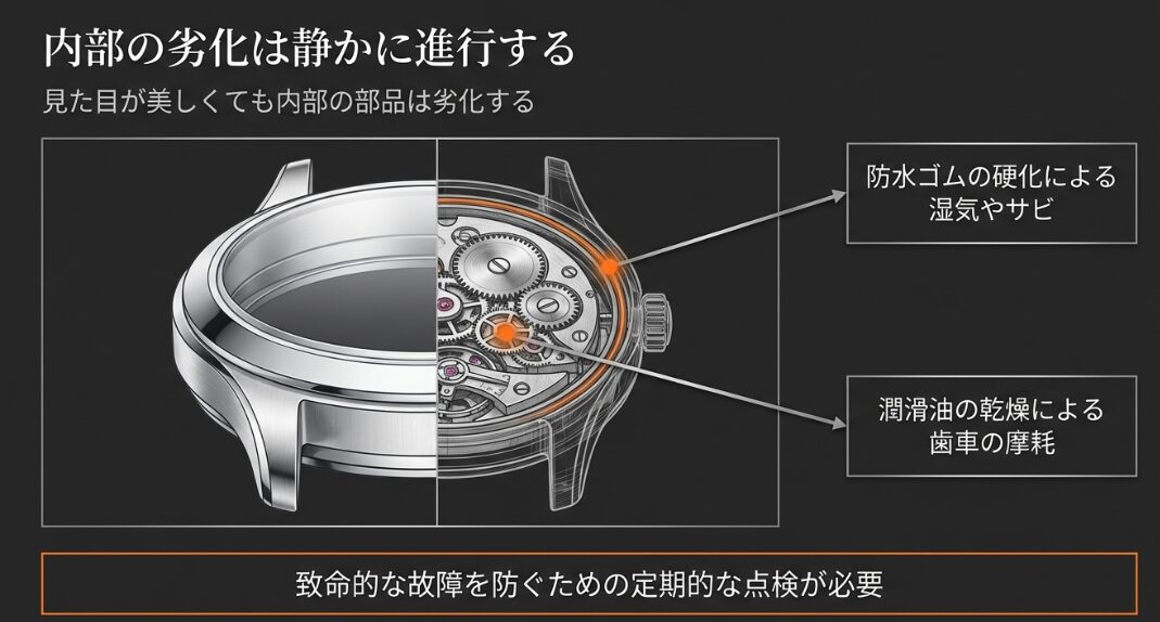 防水ゴムの硬化による湿気やサビの発生、および潤滑油の乾燥による歯車の摩耗を説明する時計内部の透視図。