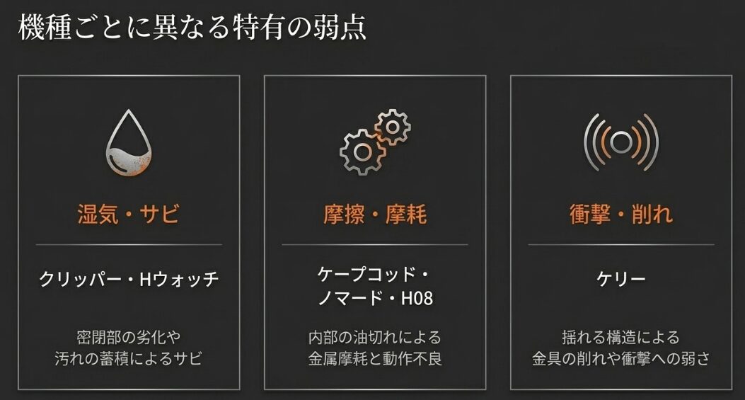 クリッパー、Hウォッチ、ケープコッド、ノマード、H08、ケリーの各モデルにおける、湿気・サビ・摩擦・衝撃などの特有の弱点をまとめた比較図。