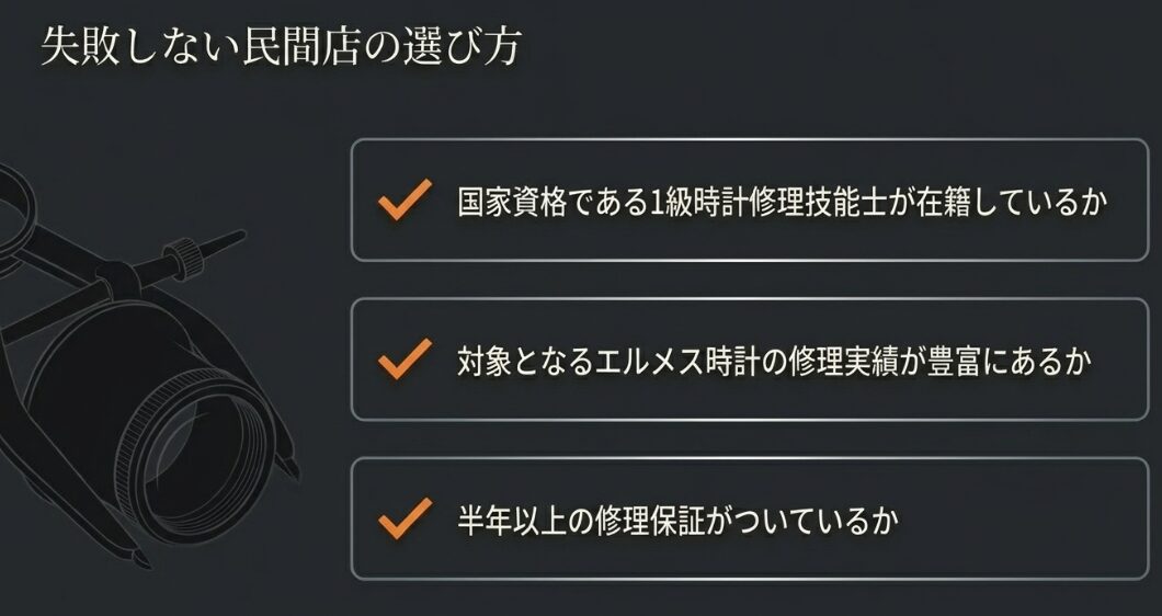 1級時計修理技能士の在籍、修理実績の豊富さ、半年以上の修理保証の有無を確認すべきとするチェックリスト画像。