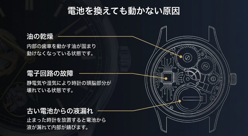 油の乾燥による歯車の固着、電子回路の故障、古い電池からの液漏れによる錆の解説図