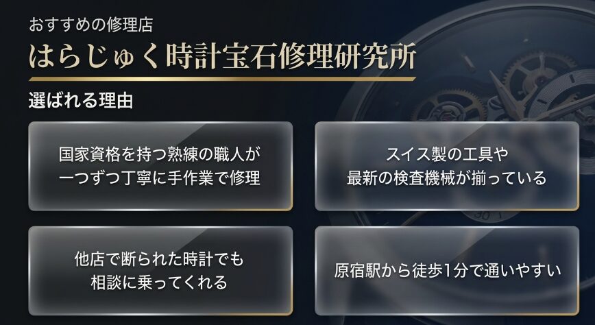 国家資格を持つ職人の手作業、スイス製工具や最新設備、原宿駅徒歩1分の好立地などの紹介