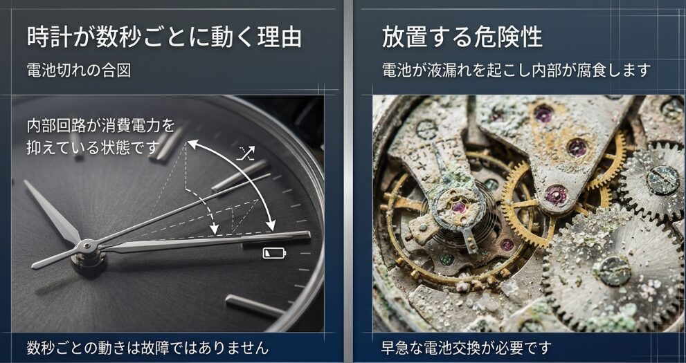 数秒おきに運針する秒針の解説と、電池の液漏れによって内部が腐食した時計ムーブメントの比較画像