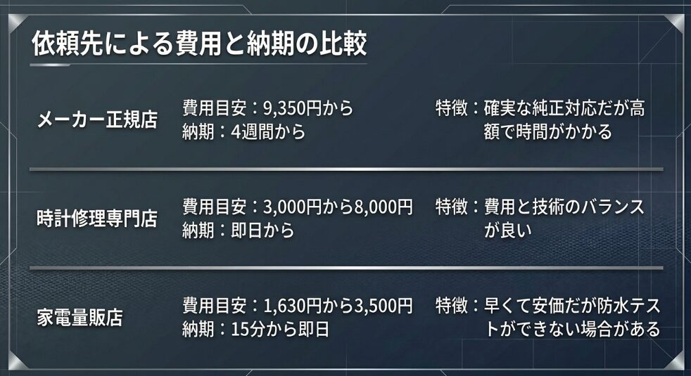 メーカー正規店、時計修理専門店、家電量販店それぞれの電池交換費用と納期、特徴をまとめた比較スライド