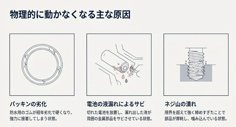 パッキンの劣化・固着、電池の液漏れによるサビ、ネジ山の潰れの3大原因をイラストで解説。