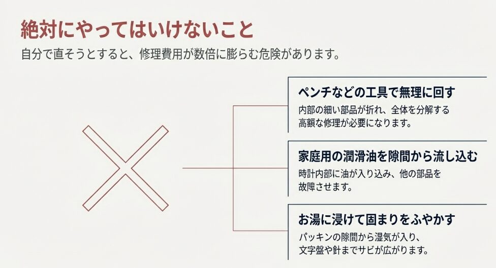 ペンチの使用や潤滑油の注入、お湯に浸けるなどの自己判断による応急処置が、修理費用を増大させるリスクを説明する図解。