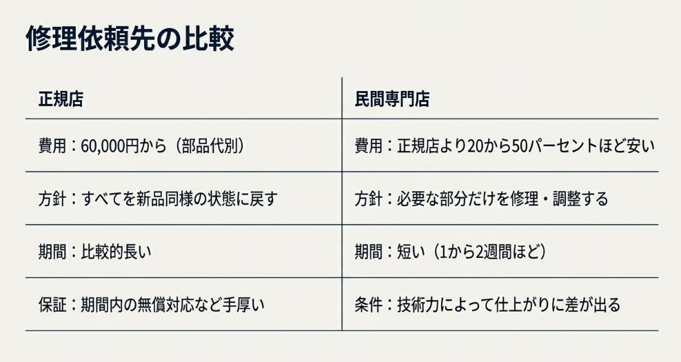 正規店と民間専門店の費用（正規店は6万円〜、専門店は20〜50%安）、修理期間、保証内容の違いをまとめた比較表。