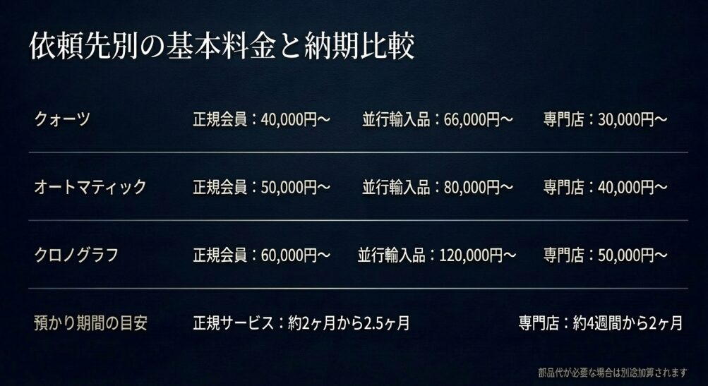 クォーツ、オートマティック、クロノグラフの正規会員・並行品・専門店の料金比較と納期目安の表